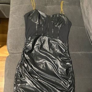 Black leather and sheer dress with gold chain straps